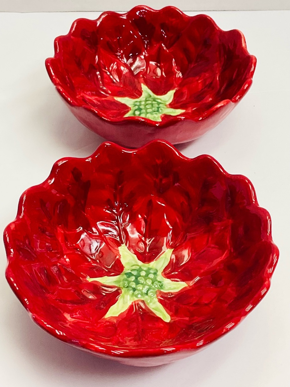 MAXCERA Hand-painted 6” Ceramic Red Poinsettia Flower Dish Bowls - Set of 2